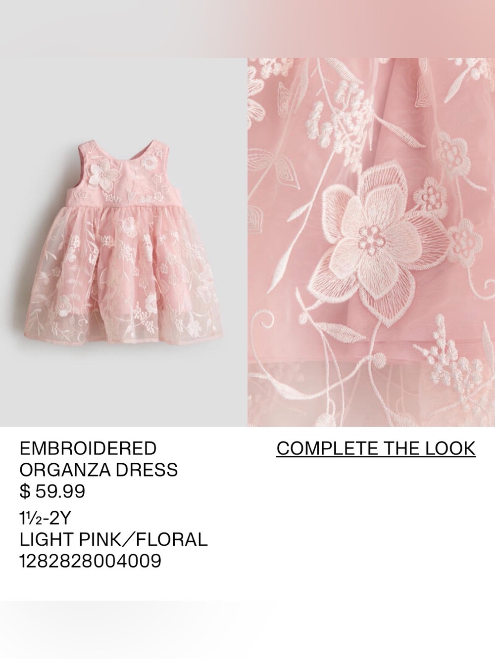 Toddler Girls Pink Embroidered Floral Organza Dress - Size 1 1/2-2yrs